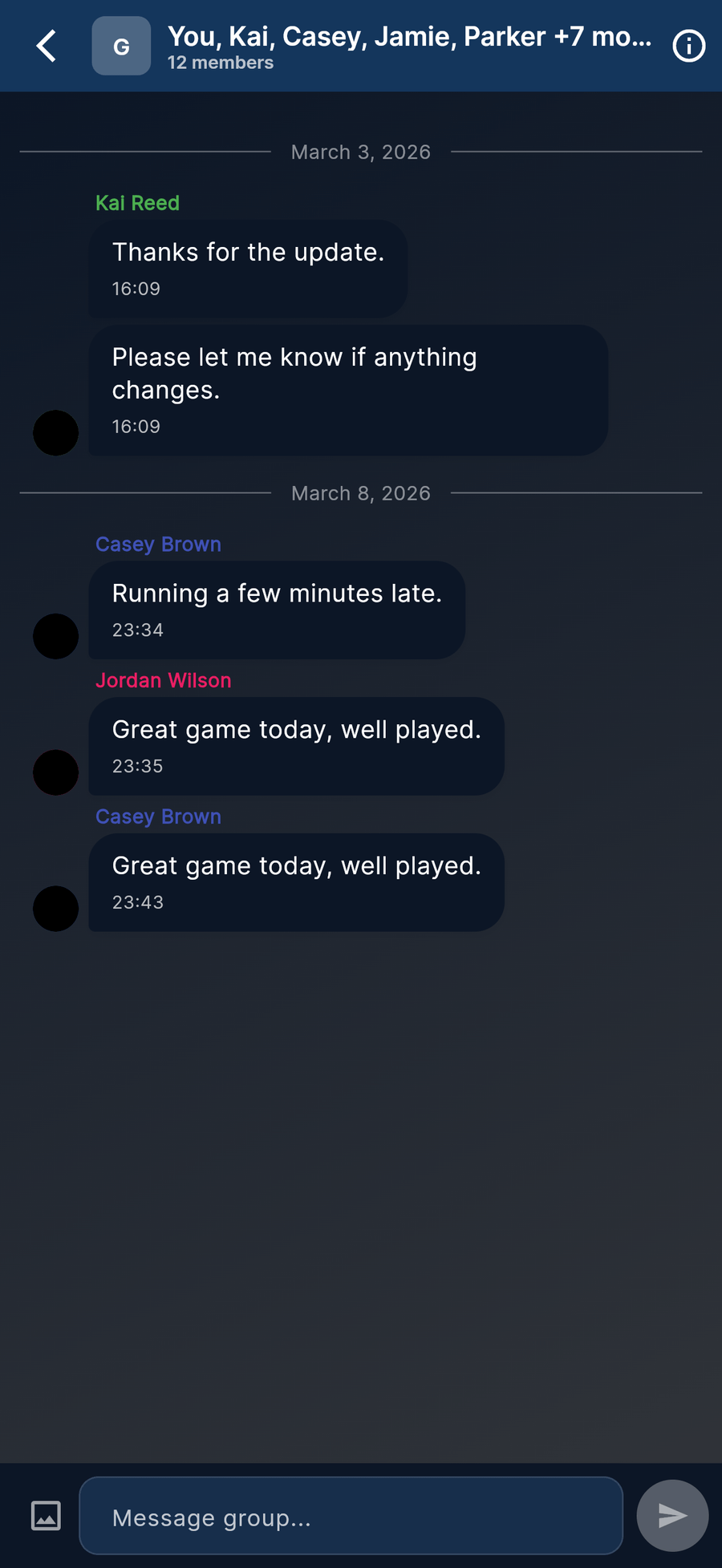 ClubEzy team chat screen with club messages