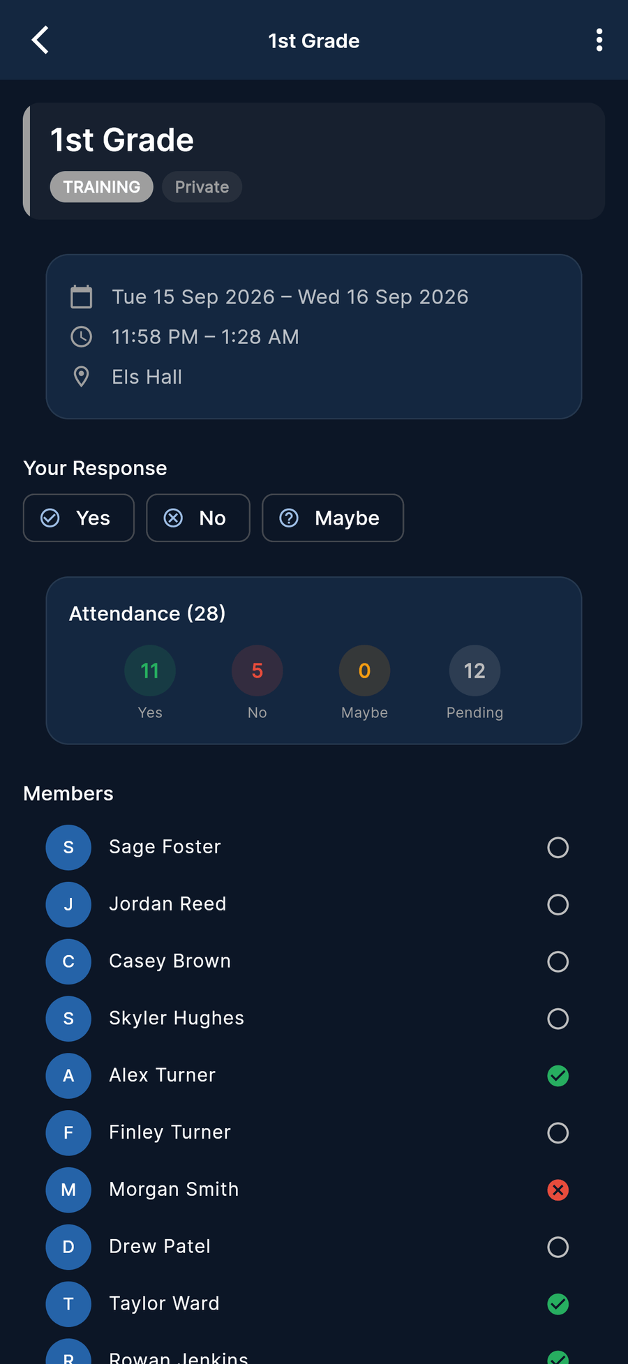 ClubEzy event screen showing attendance and RSVP details